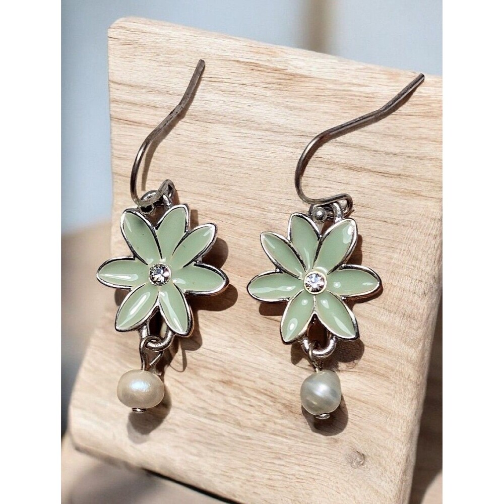 Cultured Pearl Silver tone Enamel Crystal Flower Dangle Earrings